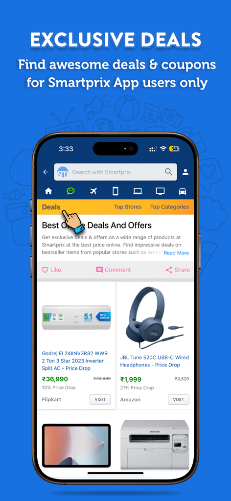 Smartprix mobile app showing exclusive shopping deals and coupons for electronics and home appliances