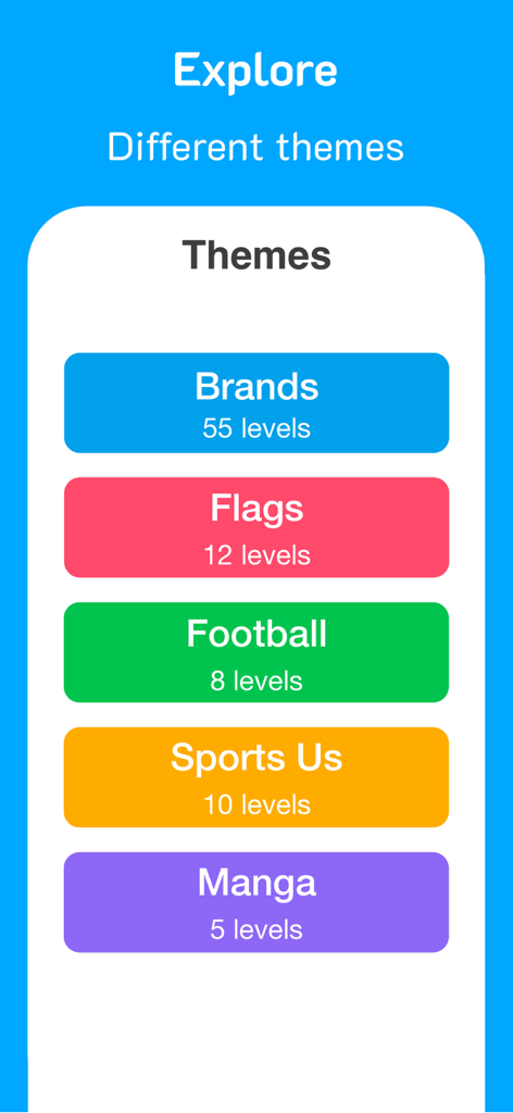 Logo Quiz: Guess Brands - Pantalla de menú que muestra varios temas de quiz, incluyendo Marcas, Banderas, Fútbol, Deportes EE. UU. y Manga, con sus respectivos recuentos de nivel.