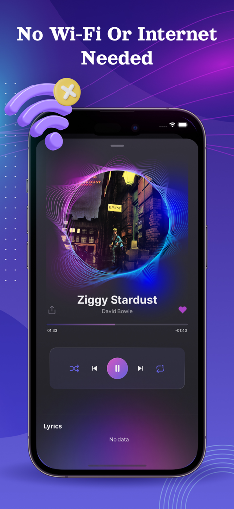 Interfaz de la aplicación Reproductor de Música Offline mostrando una canción de David Bowie reproduciéndose sin necesidad de internet