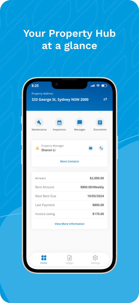 The MRI Property Tree Connect app dashboard showing a tenant's rental summary, including rent due, maintenance requests, and property manager contact information.