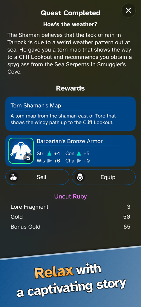 Quest completed screen in Land of Livia showing story text and item rewards like a Shaman's Map and Barbarian's Bronze Armor