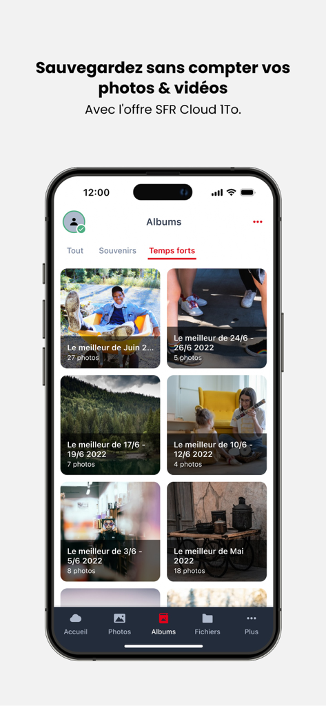 SFR Cloud - Interface de l'application SFR Cloud montrant des souvenirs photo organisés et des albums