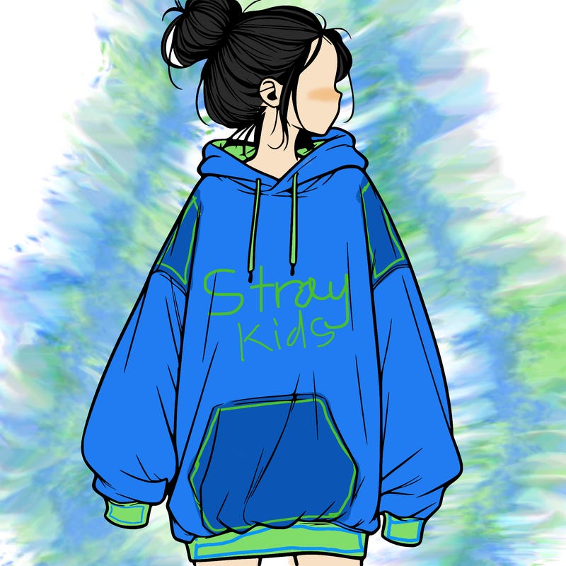 realistic girl with a oversized sweatshirt on and a bun