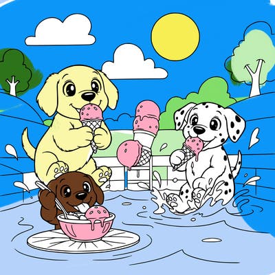 a puppies swimming and eating ice cream at the same time