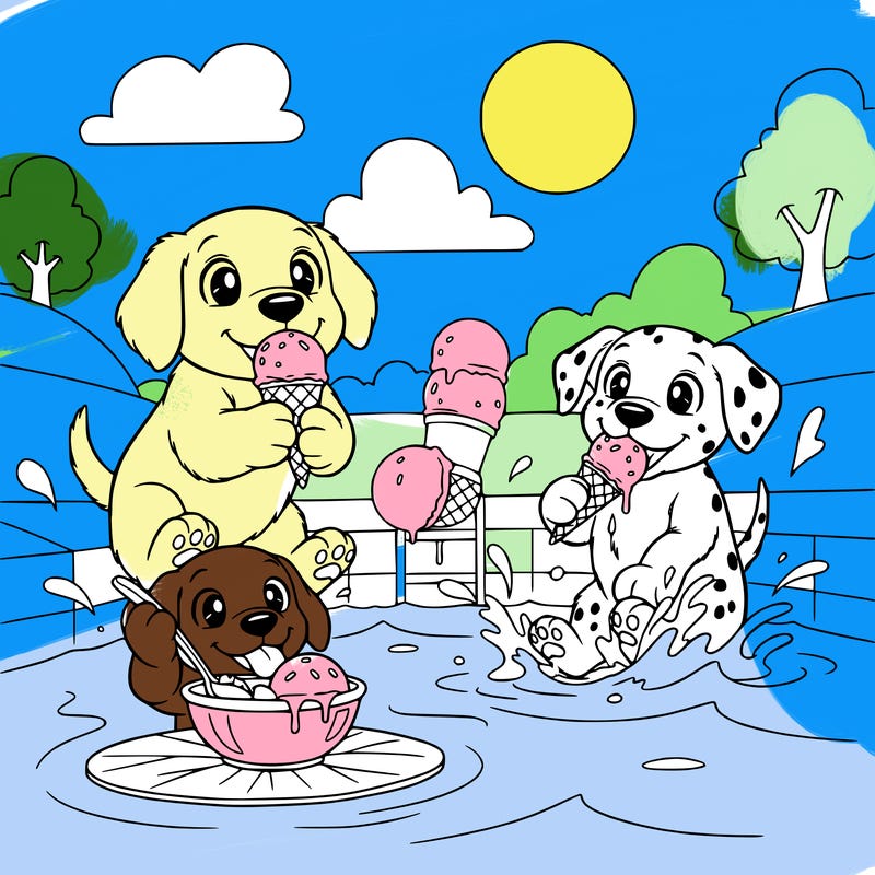 a puppies swimming and eating ice cream at the same time
