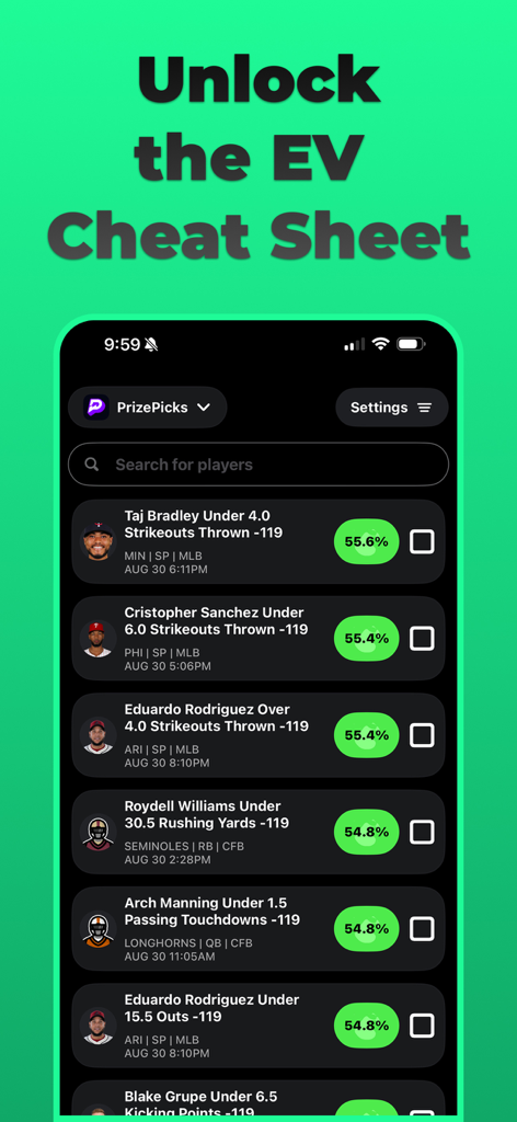 Optimal Bet app interface displaying EV sports betting player props and win percentages