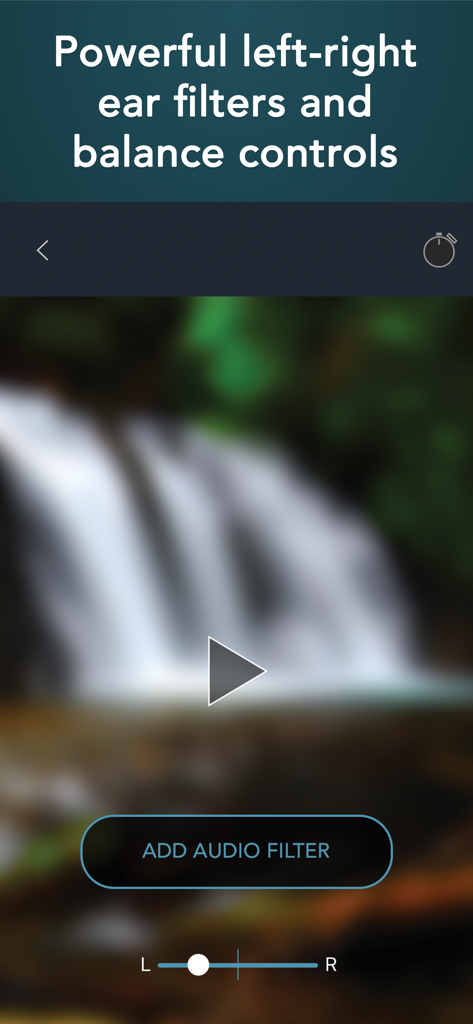 Tinnitus HQ - Interface do aplicativo Tinnitus HQ mostrando controles de equilíbrio esquerda-direita e um botão de filtro de áudio sobre um fundo de cachoeira.
