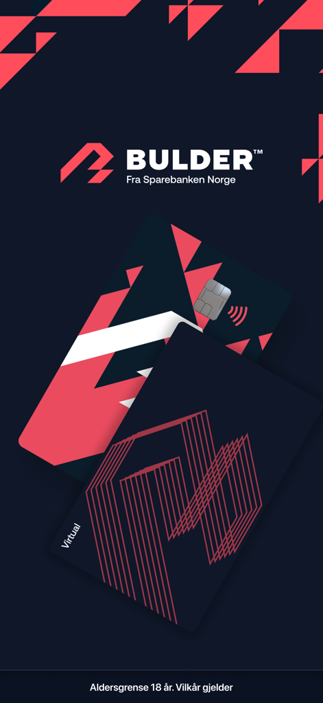 Bulder - Pantalla de la aplicación de banca móvil de Bulder que muestra diseños de tarjetas de débito físicas y virtuales modernas con patrones geométricos