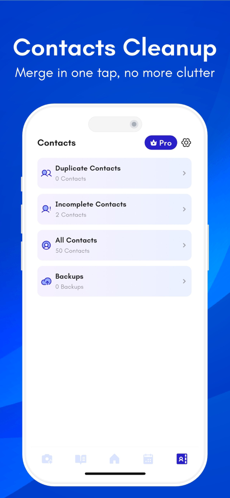Lumina: Storage Manager - Lumina app screenshot showing contact management features including duplicate and incomplete contact removal.