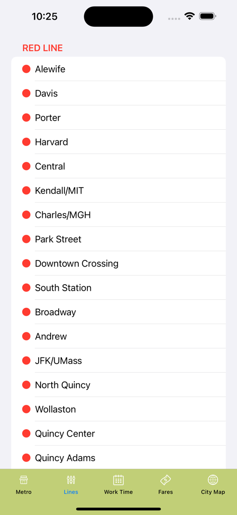 List of stops on the Boston Metro Red Line including Harvard and South Station