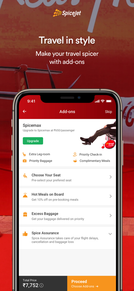 Pantalla de la app de SpiceJet que muestra complementos de viaje que incluyen mejoras de Spicemax, selección de asientos y comidas de reserva previa