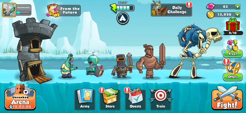 Tower Conquest game main menu showing a diverse lineup of hero characters and a fortress in a frozen world