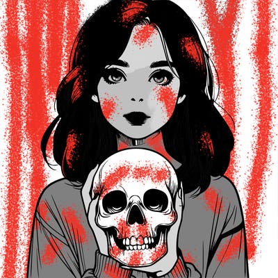 realistic girl holding a skull