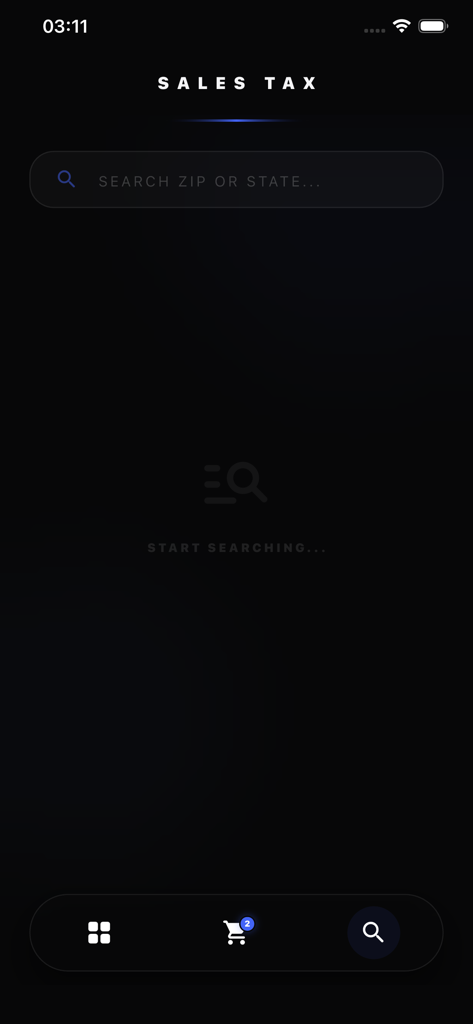 Sales Tax Calculator & Rates - Schermata di ricerca dell'app Calcolatrice Tasse di Vendita con un'interfaccia in modalità scura con un campo di ricerca per CAP e stato