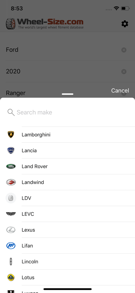 Interface of the Wheel Size app showing a searchable list of car brands for fitment lookup.