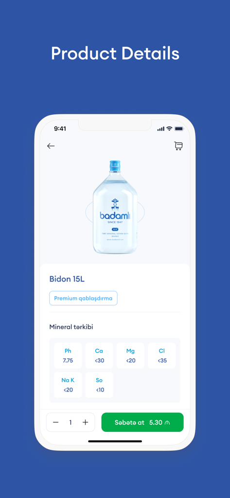 Badamlı - Badamli mobile App zeigt Produktdetails für eine 15-Liter-Flasche Mineralwasser mit Mineralstoffanalyse und Preis.