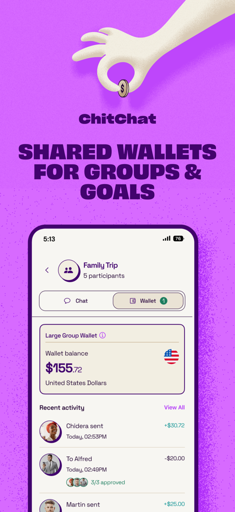Interface of the ChitChat app showing a shared wallet for a family trip with recent member activity and USD balance.