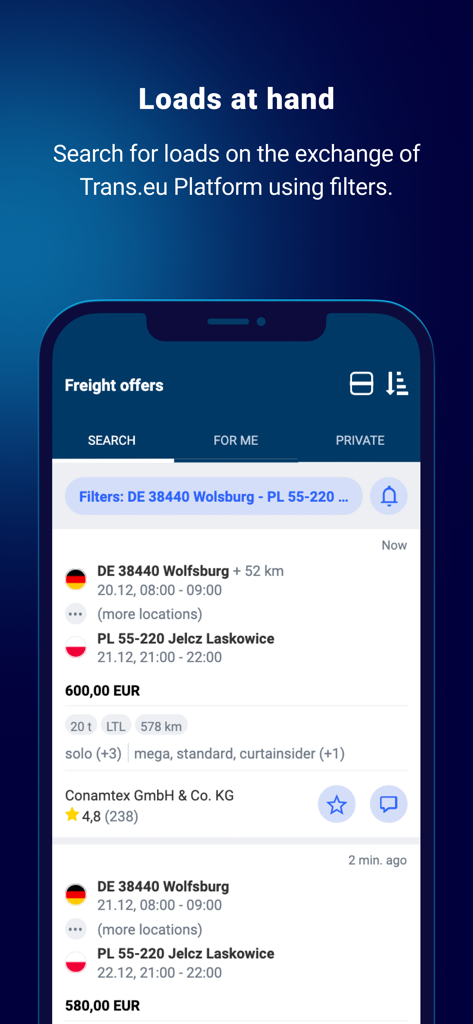 Loads2GO - Loads2GO app interface showing freight offers with search filters for truck loads
