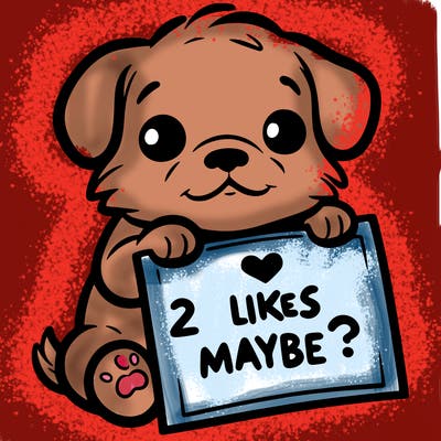 a puppy holding a sign that says 2 likes maybe?