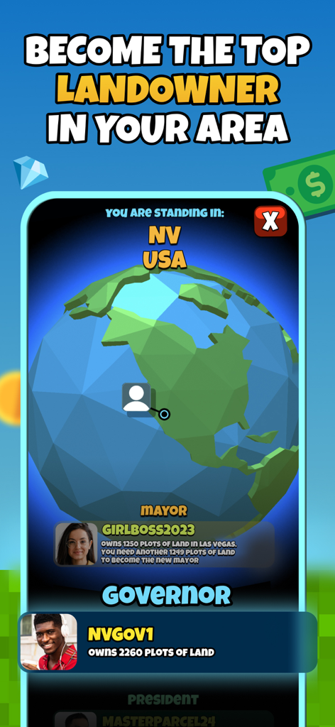 Atlas Earth mobile app screen showing the top virtual landowners and leaderboard roles for Mayor and Governor