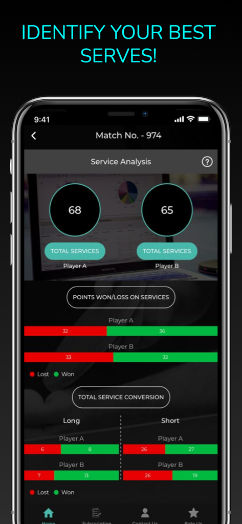 Stupa Analytics - Table tennis service analysis screen in the Stupa Analytics app showing match statistics for points won and lost on serves.