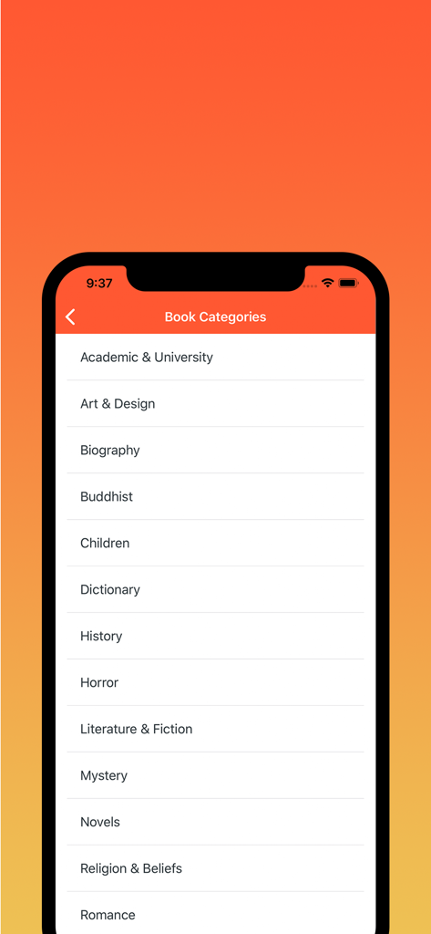 A screenshot of the Gurulugomi app displaying a list of book categories including Buddhist History and Literature