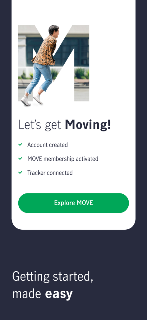 ManulifeMOVE - Onboarding-Bildschirm der ManulifeMOVE-App mit einer Checkliste für die Kontoerstellung und die Verbindung des Trackers