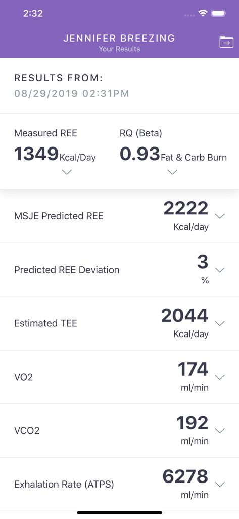 Breezing Pro - Metabolic test results screen showing measured REE and RQ data on the Breezing Pro app