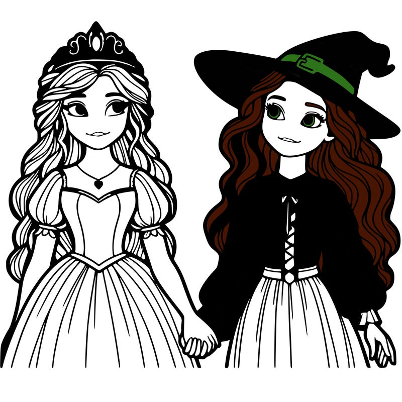 a princess and a witch holding hands realistic
