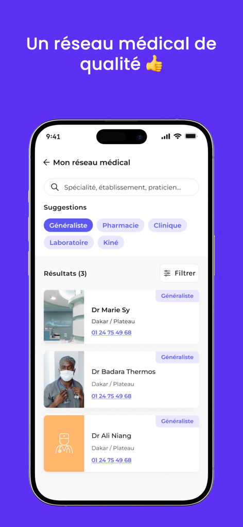 ProCare by Susu - Interface of the ProCare by Susu app showing a searchable directory of healthcare providers and medical specialists.