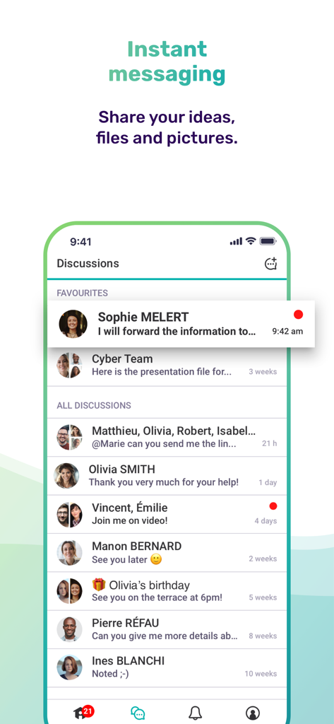 Interface de l'application mobile Whaller affichant l'écran de messagerie instantanée et de discussions avec différents fils de discussion.