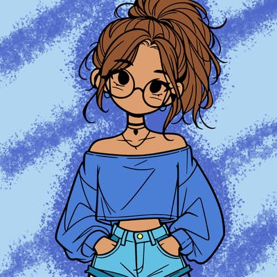girl with a messy ponytail glasses a baggy crop top and jean shorts
