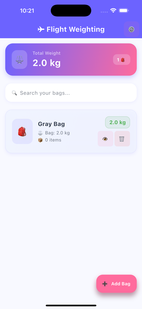 Bagga Calc app interface showing the total flight weight and a listed gray bag with its weight in kilograms