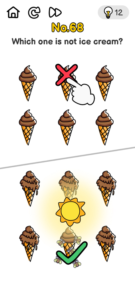 A mobile game screenshot from Brain Out showing a puzzle where players must use a sun to melt fake ice cream cones to find a trick answer.