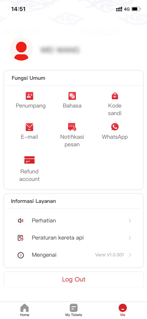 La pantalla de cuenta de usuario y configuración general de la aplicación de tren de alta velocidad Whoosh.