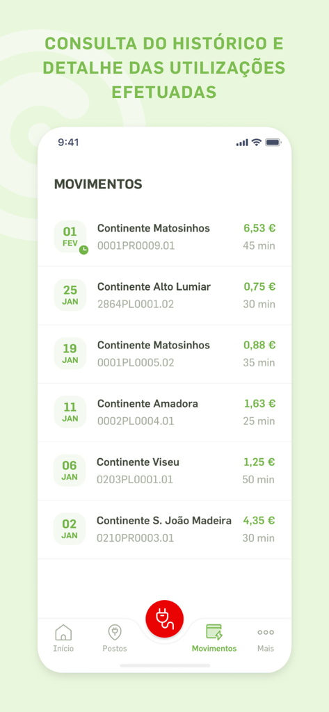 Continente Plug&Charge - Una schermata di un'app mobile che mostra la cronologia di ricarica con nomi delle località, date, costi in euro e durate delle sessioni per la ricarica di veicoli elettrici.
