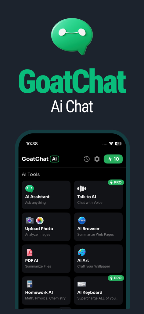 GoatChat - AI Chatbot - GoatChat AI chatbot application home screen displaying various productivity tools like AI Assistant, PDF AI, and Homework AI
