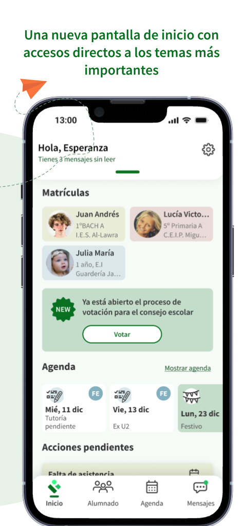 Home screen of the iPasen app displaying student profiles and school agenda