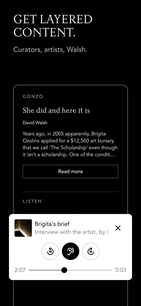 The O - The O app interface showing layered content with text commentary and an audio interview player for museum exhibits