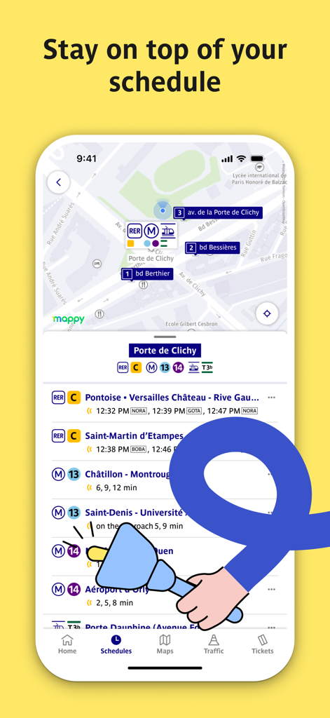 Porte de Clichy駅でのパリメトロとRERのリアルタイム時刻表を表示するBonjour RATPモバイルアプリ