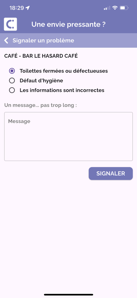Captura de tela da tela de relatório de problemas no aplicativo ICI toilettes para um café local