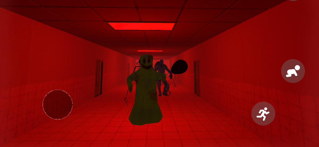 Noclip : Backrooms Multiplayer - Des entités effrayantes poursuivent un joueur dans un couloir rouge dans Noclip Backrooms Multiplayer