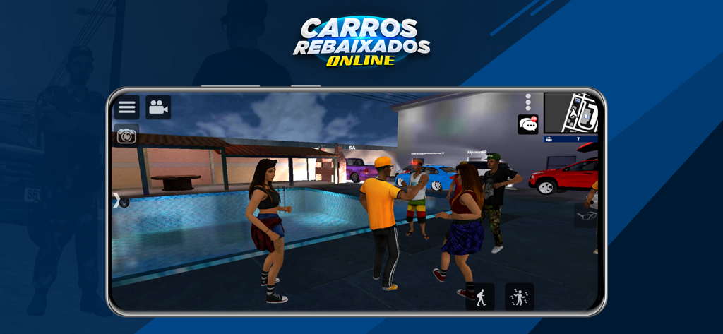 Carros Rebaixados Online - Characters socializing at an online digital car meet next to a pool.
