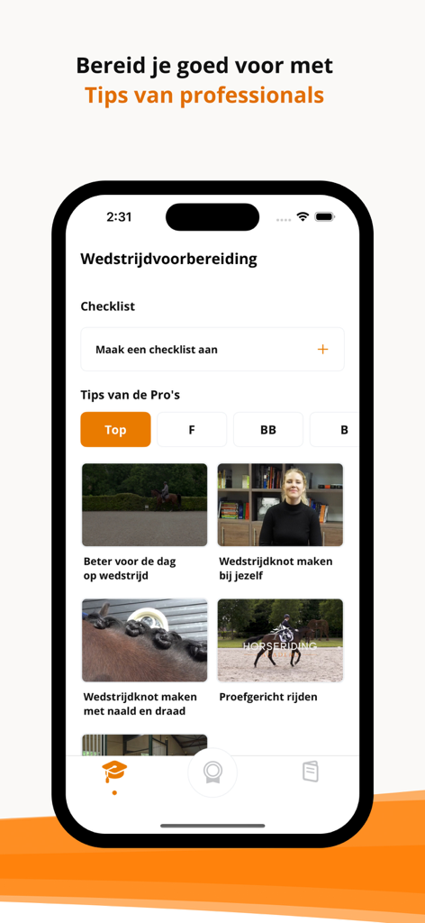 KNHS Dressuurproeven - KNHS Dressuurproeven app interface for competition preparation with video tips and checklist