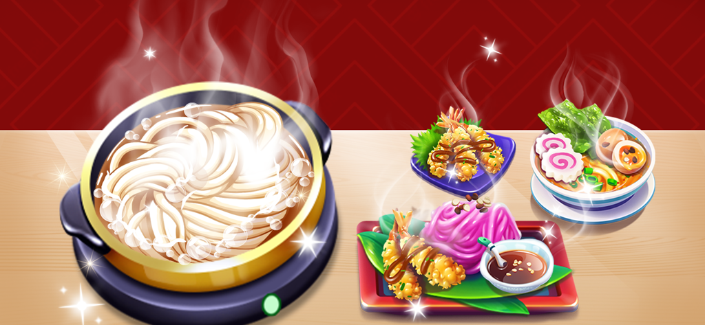 クッキングプレイタイム：テイスティーストリートの、熱々のラーメンとウドン、そしてカリカリのエビ天ぷら