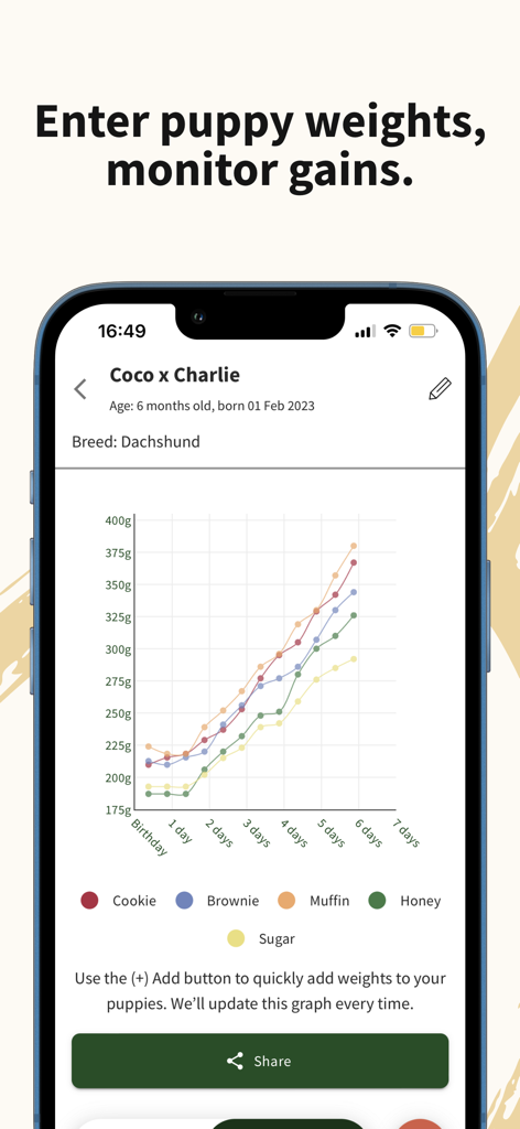 Breedera - Dog Breeder App - A line graph within the Breedera app showing the daily weight gain and growth trends for a litter of Dachshund puppies