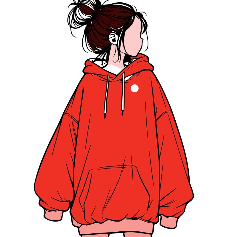 realistic girl with a oversized sweatshirt on and a bun
