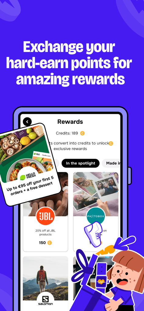 Écran de l'application United Heroes montrant diverses récompenses et réductions disponibles à l'échange contre des points gagnés