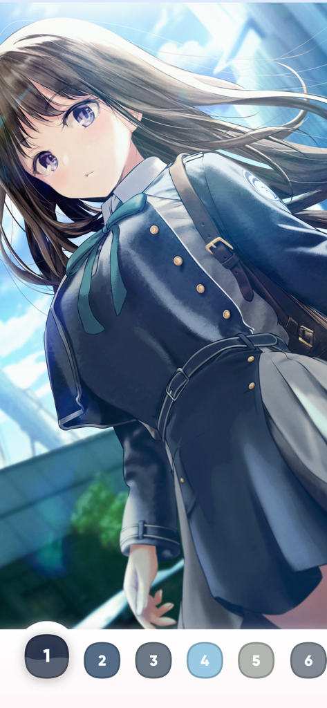 Illustration eines Anime-Mädchens in Schuluniform in einer Malen-nach-Zahlen-App-Oberfläche