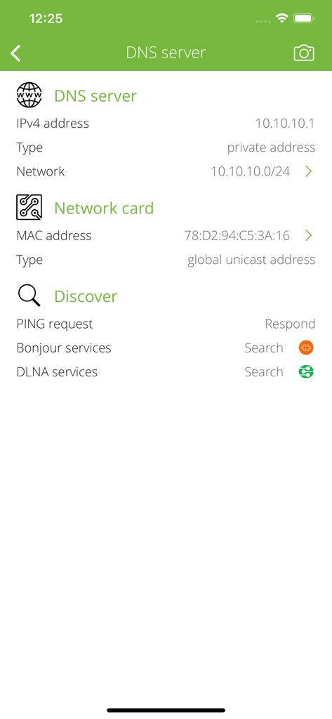Torrent Detector - Torrent Detector app showing DNS server information and network card MAC address